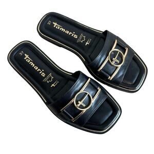 Tamaris Leather Mule slide sandal Black and Gold 37